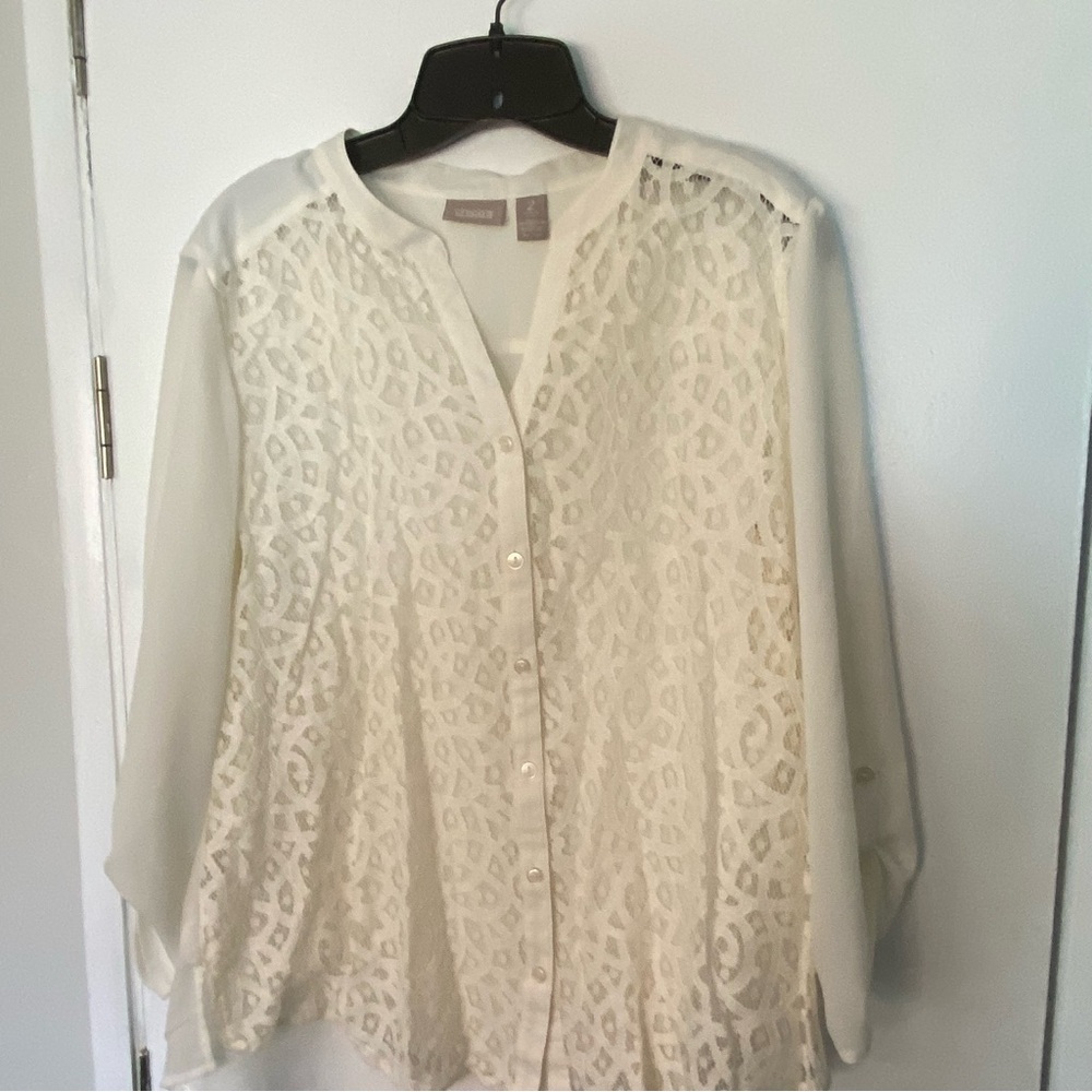 Chico's Women's Shirt Button Up Ivory Lace V-Neck Chiffon Blouse Top 2 US L/12